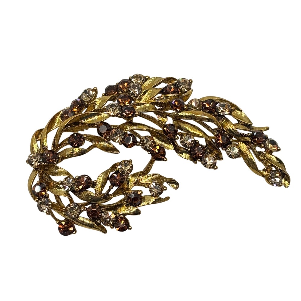 Vintage Gold Tone Leaf Spray Brooch Amber Champagne Rhinestone‎ Floral Pin